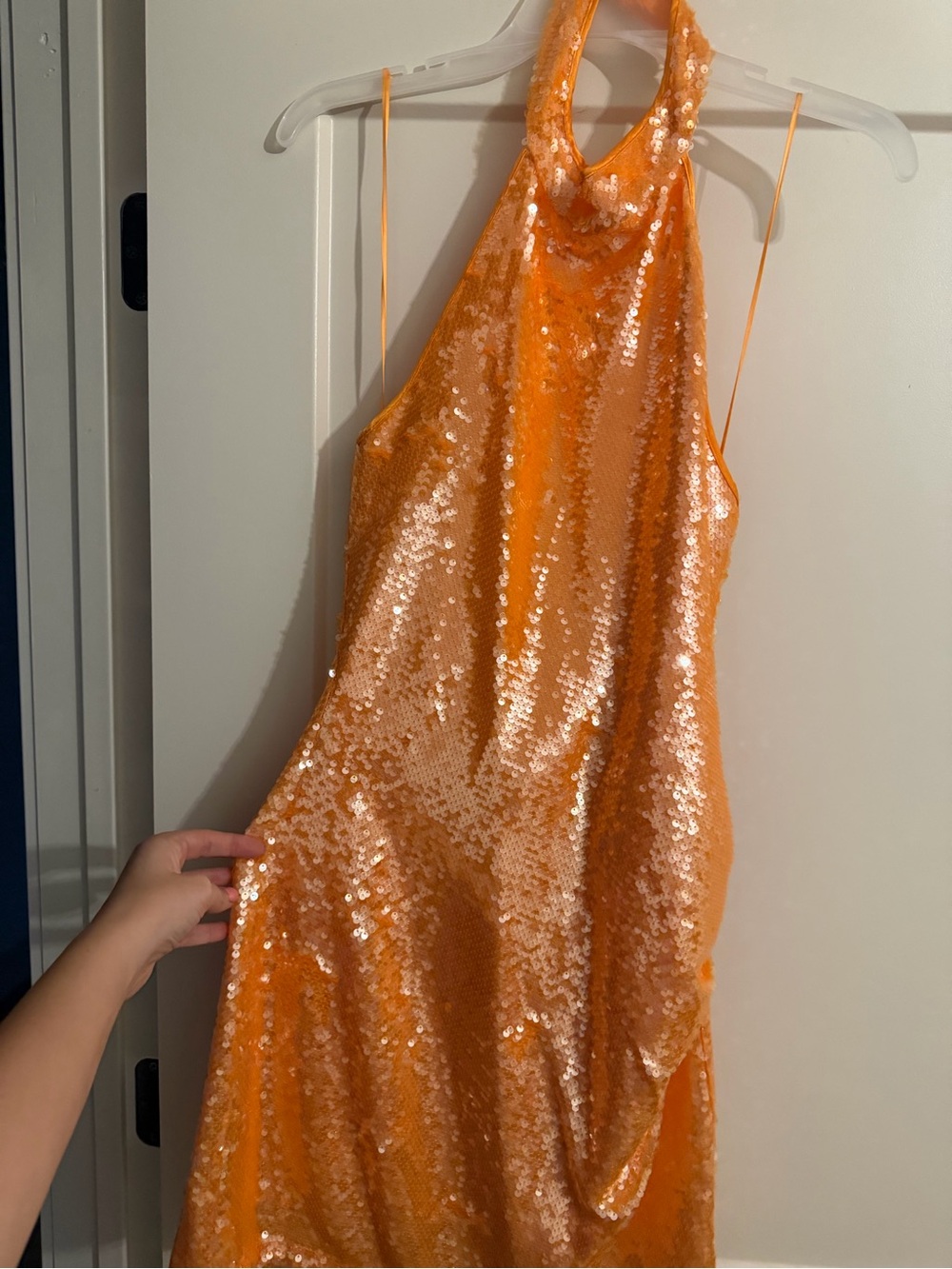 Caroline Constas Orange Sequin Halter Slip Dress